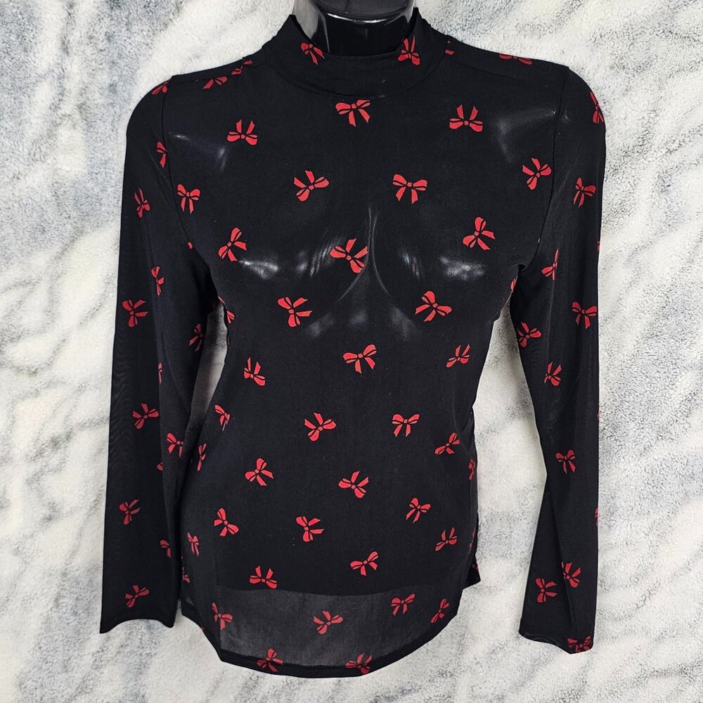 Torrid 1 1X 14-16 Red Bow Black Mesh Mock Neck Long Sleeve Stretchy Layering Top